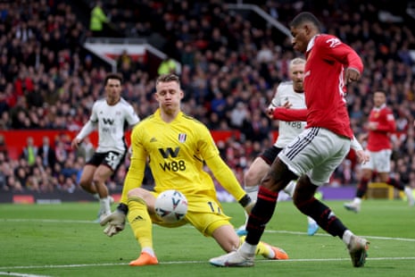 Rashford has a shot saved by Leno.