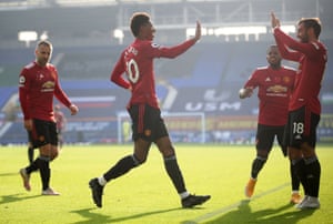 Manchester United’s Bruno Fernandes celebrates scoring their second goal with Marcus Rashford.