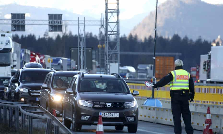 German federal police officers check cars at the Austrian-German border in Kiefersfelden, Germany, on 16 March.