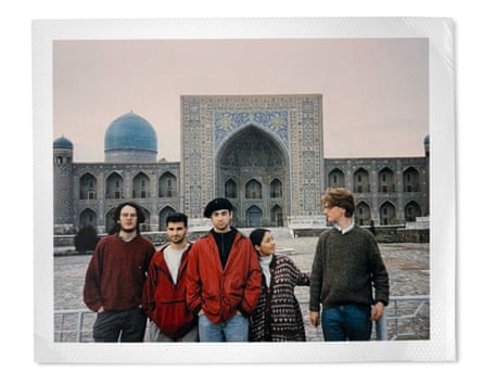 Mishal Husain, in 1992, with four young men standing in a square with richly decorated, arched and domed buildings behind them