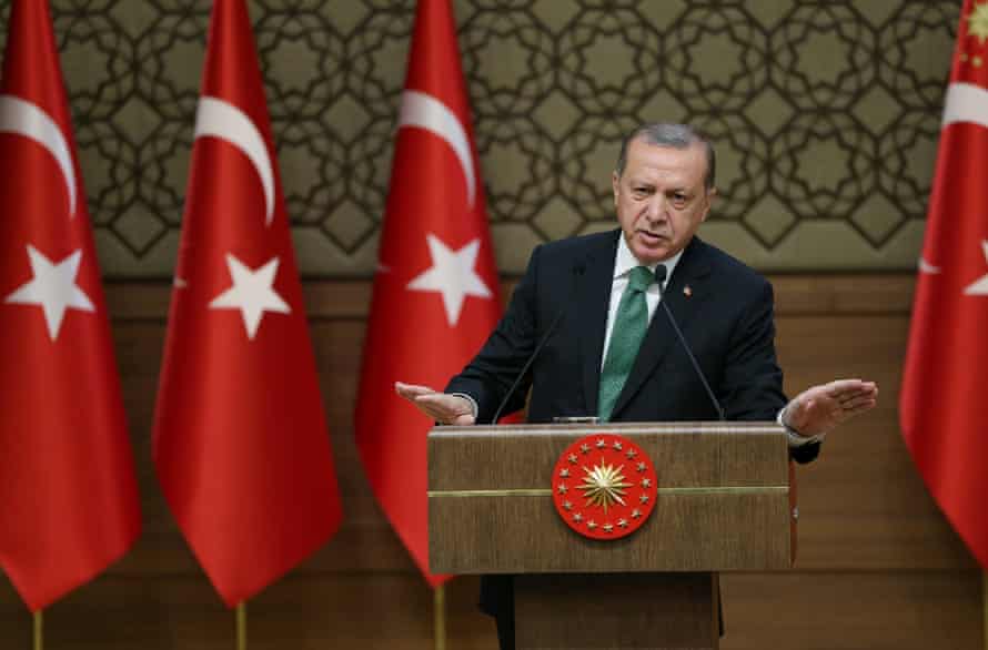 President Recep Tayyip Erdoğan speaks at the presidential palace in Ankara.