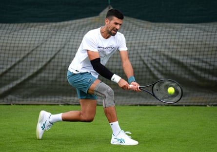 Novak Djokovic during a training session at the All England Lawn Tennis and Croquet Club in Wimbledon