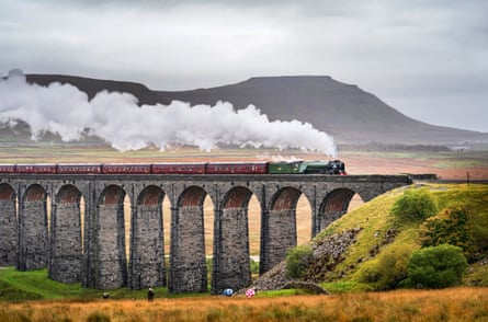 The Tornado crosses the Ribblehead viaduct in the Yorkshire Dales.