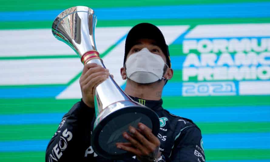 Lewis Hamilton celebrates his win at the Spanish Grand Prix