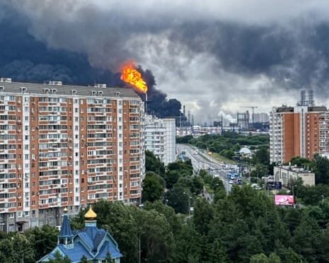 Black smoke rises from the area of the Russian oil producer Gazprom Neft’s Moscow oil refinery on the south-eastern outskirts of Moscow.
