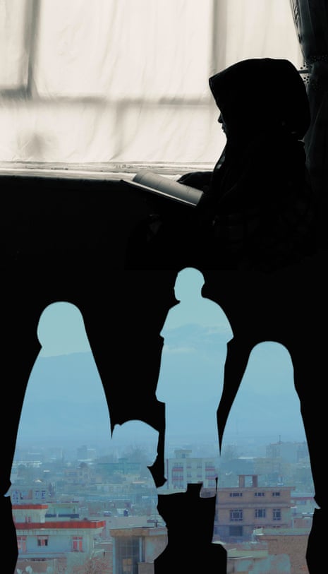 A composite of cut-out shapes of people and an unidentified woman wearing a hijab