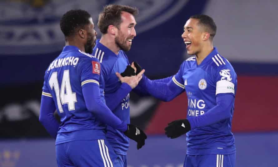 Iheanacho celebrates with his teammates after his late winner