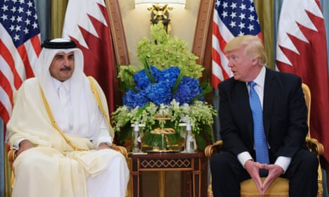 Donald Trump speaks with Qatar’s Emir Sheikh Tamim Bin Hamad Al-Thani during a bilateral meeting at a hotel in the Saudi capital Riyadh last month.