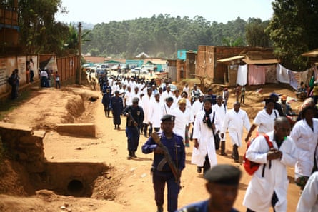 Doctors and health workers marched through Butembo in April 2019 and threatened to go on strike after Dr Richard Mouzoko Kiboung was killed at Butembo’s University Hospital .