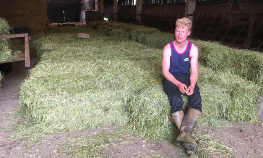 Andrea Meanwell’s son takes a break after he and his friends brought the hay bales into the barn.