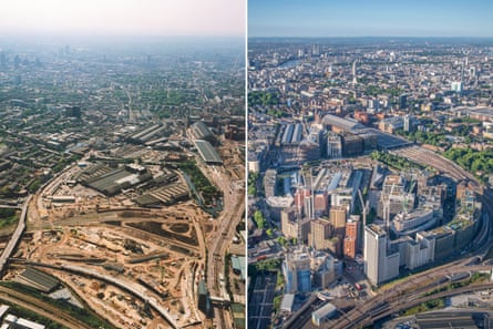 Aerial view over the King’s Cross site in 2004, left, and 2022.