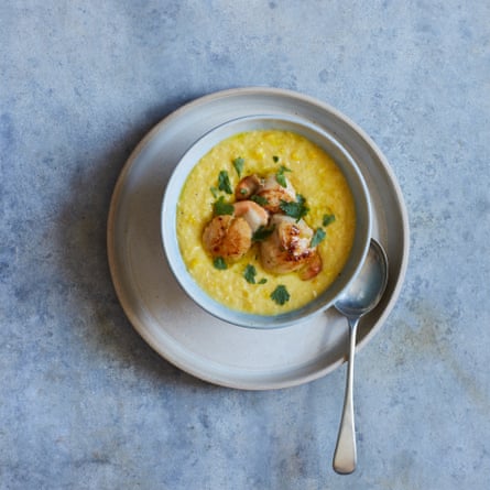 Nathan Outlaw’s sweetcorn soup with scallops and lime dressing.
