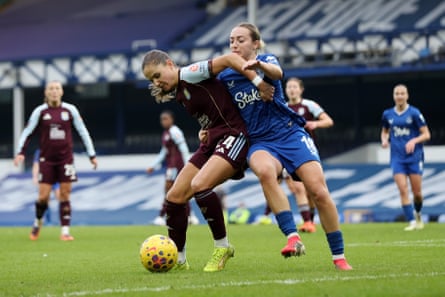 Oceane Deslandes of Aston Villa and Ornella Vignola of Everton battle for possession during the WSL match.