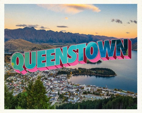 Photograph of Queenstown with the word 'Queenstown' in the centre, designed like a postcard