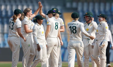 Australia celebrate the wicket of Pooja Vastrakar of India on day three of the women's Test