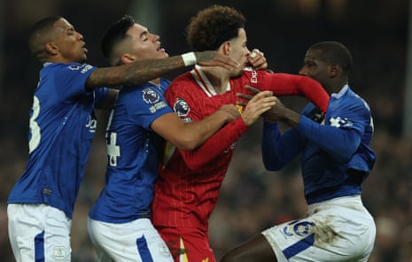 Liverpool’s Curtis Jones clashes with Everton’s Abdoulaye Doucoure after the match at Goodison Park before both players are sent off