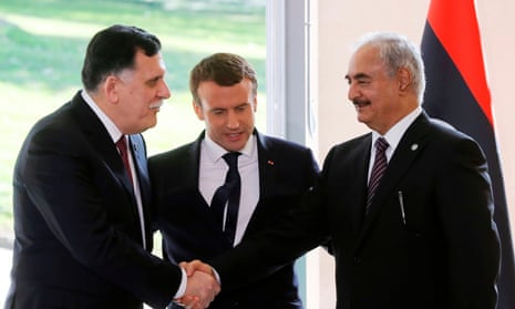 Emmanuel Macron with the Libyan prime minister, Fayez al-Sarraj, and Gen Khalifa Haftar.