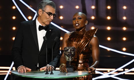 Eugene Levy and Cynthia Erivo on stage to present the cinematography Bafta.