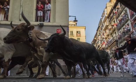 Miura fighting bulls run after participants at the San Fermin festival, in Pamplona, Spain.