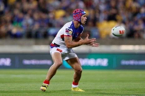 Kalyn Ponga receives a pass during the round one NRL match between the New Zealand Warriors and Newcastle Knights