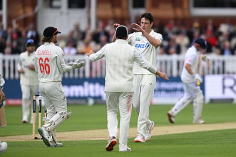 Will O'Rourke celebrates taking the wicket of Harry Brook.