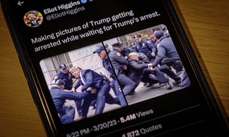 Images created by Eliot Higgins with the use of artificial intelligence show a fictitious skirmish between Donald Trump and New York City police.