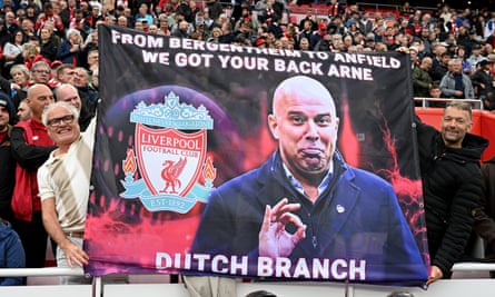 Liverpool fans unfurl a banner at Arne Slot’s first home game.