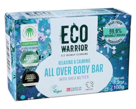 An eco warrior body soap bar in its blue cardboard packaging box.