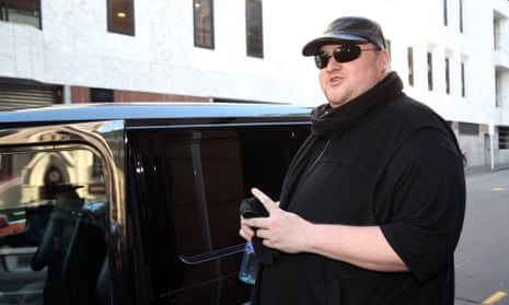 Kim Dotcom leaves court for the day after attending his extradition hearing in Auckland