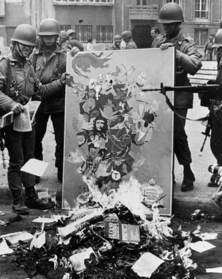 Soldiers burn Marxist books and leaflets in downtown Santiago in September 1973, following Chile’s military coup.