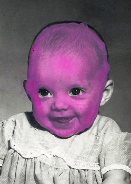 Black and white photograph of a baby manipulated to make the face pink