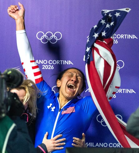 Elana Meyers Taylor celebrates after winning gold at the Cortina Sliding Centre on Monday night.