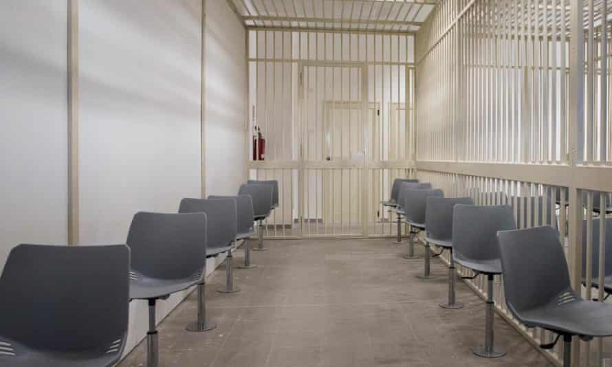 One of the cages constructed in the high-security courtroom