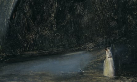 Close-up shows two tiny figures in white - looking like the cuff of a shirt - in what might be a dim landsscape