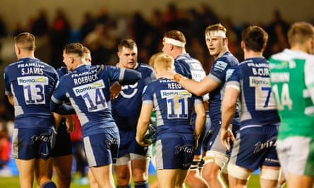 Sale celebrate sealing an attacking bonus point in the win over Newcastle thanks to Arron Reed’s second try.