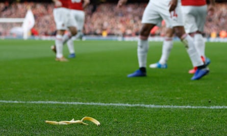 A banana skin lies on the Emirates pitch after being thrown from the Tottenham section of the crowd following Arsenal’s opening goal.