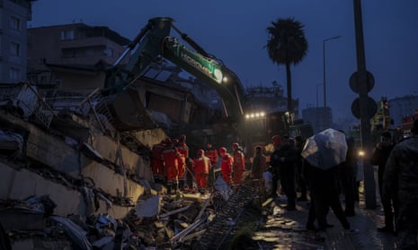 Rescue efforts continue at a collapsed building in Hatay, Turkey.