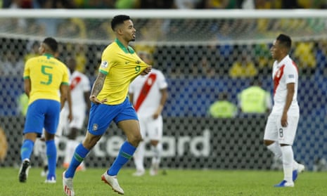Gabriel Jesus celebrates after restoring Brazil’s lead.