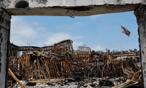 The remains of businesses destroyed in the Palisades fire in Pacific Palisades, California, seen on 18 April.