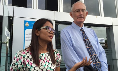 Alan Morison, right, Australian editor of the website Phuketwan and his colleague Chutima Sidasathien speak to the media ahead of their appearance in court to face charges of violating Thailand’s Computer Crime Act in Phuket, Thailand.