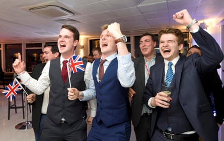 Leave supporters cheer results at a Leave.eu party