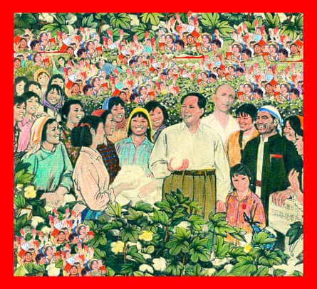 Goldbloom with Mao, surrounding by smiling people in the style of Chinese propaganda