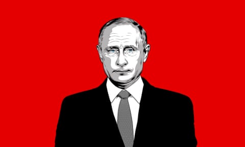 A black-and-white illustration of Vladimir Putin against a red background