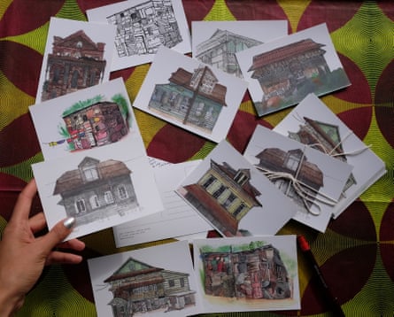 Some of the postcard paintings made by Najmeh Modarres of old board houses in Freetown, Sierra Leone.