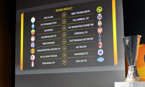 A screen shows the outcome of the draw for the last 16 of the Europa League at Uefa’s headquarters in Nyon.
