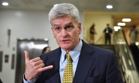 The Republican US senator Bill Cassidy speaks to the press during Donald Trump’s second impeachment trial. His state party told him not to expect a warm welcome in Louisiana after his vote to convict.