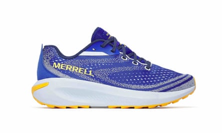 A Men’s Merrrell Morphlite trainer in blue with yellow and white details.