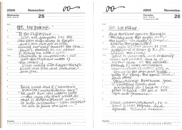 Above: Rickman drew Harry Potter-style glasses on entries about filming the ‘The Boathouse Scene’ – otherwise known as ‘the Death of Snape’.Top: illustrated diary entries record a visit to Pringle Bay, South Africa