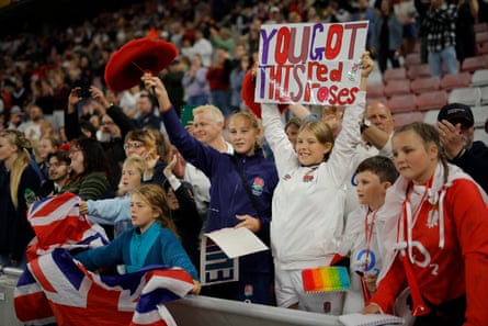 England fans celebrate the victory after the Women’s Rugby World Cup 2025 Group A match between England and USA.
