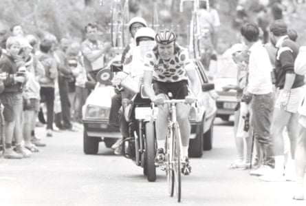 Marianne Martin riding in the polka-dot jersey